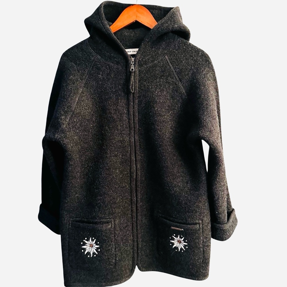 GADDY EMBROIDERED SHEEP &  STARS BOILED WOOL HOODED ZIP FRONT COAT Womens Med